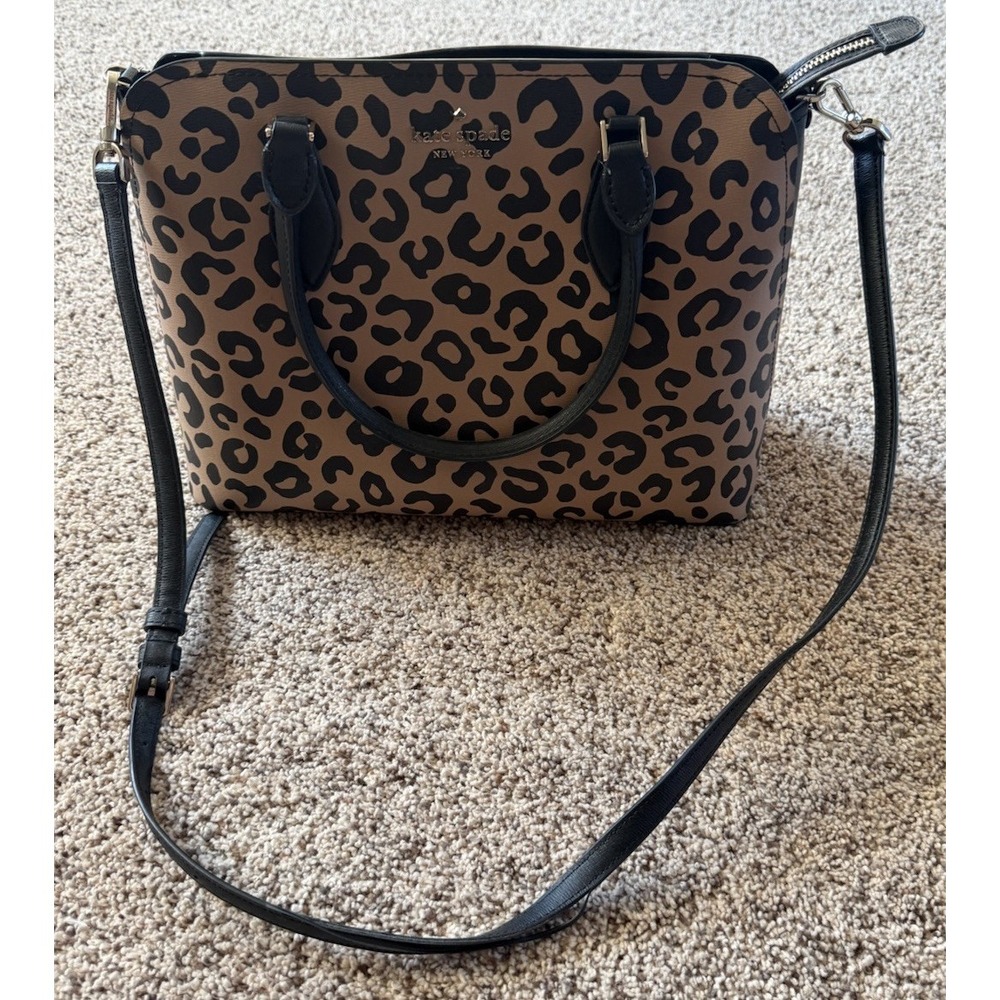 Kate Spade New York Darcy Leopard Cheetah Print Leather Purse Tote Bag Tan Black
